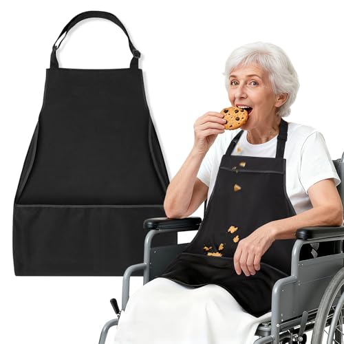 Noverlife Adjustable Adult Bib with Large Crumb Catcher Pocket, Reusable Eating Apron for Elderly Dining Clothing Protector, Washable Adult Feeding Bib for Women & Men, Present for Seniors, Black