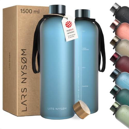 Image of LARS NYSOM Water Bottle 51oz | Drinking Bottle 1.5Liter | Ultralight Tritan Sports Flask leak-proof | Ideal for sports, office, yoga | 2 lids included (Calypso Blue, XL 50.7oz)