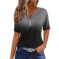 Nuoke Damen Tshirt,Tshirt Damen mit Knopfleiste V-Ausschnitt Baumwollshirt in Ombré-Farbverlauf Atmungsaktives Elegant Freizeit-Oberteil für Sommer & Urlaubsstyling Schwarz M
