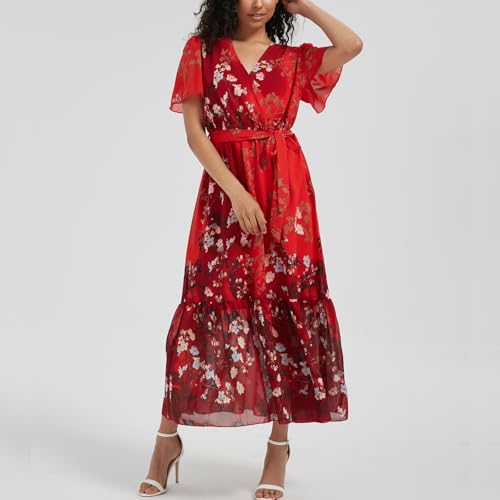 Image of Women's Summer Bohemian Floral Chiffon Dress Cap Sleeve V Neck Ruffle Long Flowy Boho Casual Vacation Dresses