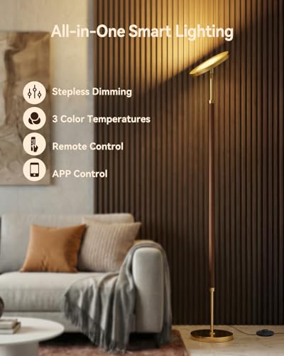 Image of JOOFO Wood LED Torchiere Floor Lamp with Remote, 3000LM Dimmable