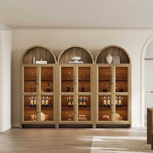 SICOTAS 74" Display Cabinet with Glass Door, Modern 5-Tier Arched