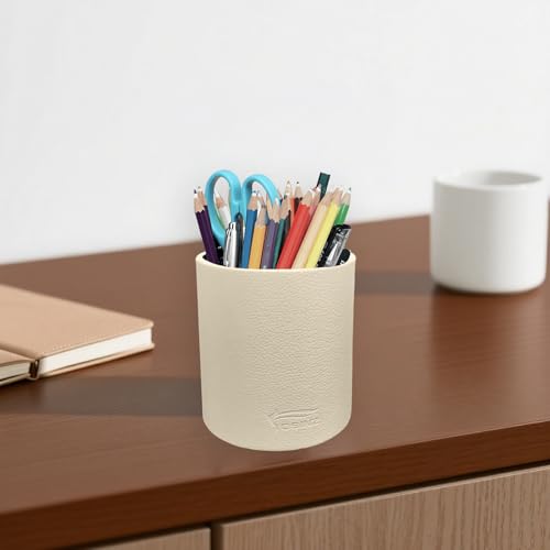Image of Leather Pen Holder, Beige Pencil Holder, Desktop Elegant Pen Holder for Desk, Stationery Organizer for School Office Home Dorm