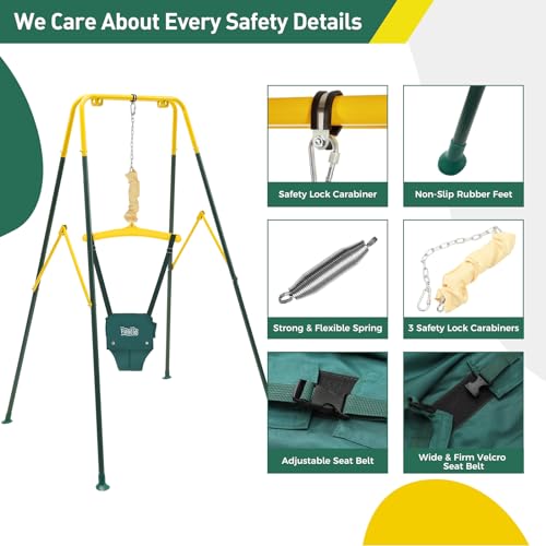 FUNLIO 2 in 1 Swing Set for Toddler & Baby Jumper, Heavy Duty Kids Swing & Bouncer with 4 Sandbags, Foldable Metal Stand for Indoor/Outdoor Play, Easy to Assemble and Store - Green by FUNLIO - Image 5