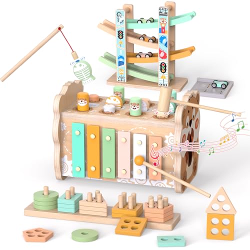 Image of Wooden Montessori Toys for 1 Year Old, Sorting & Stacking Toys, Pounding Hammering Toy with Xylophone & Fishing Game, Car Ramp Toy 3 in 1 Wooden Toddler Toys 1 2 3 for Boys Girls Birthday Gifts