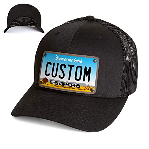 Custom North Dakota License Plate Snapback Trucker Hat Printed on Leather Patch. North Dakota