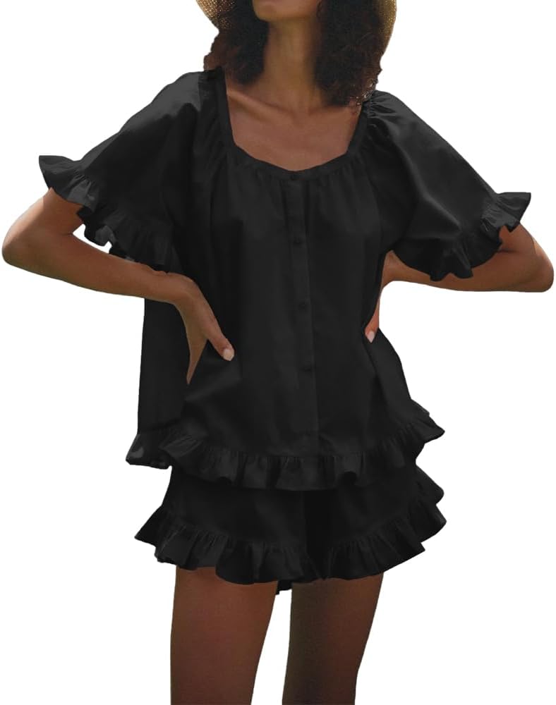 Womens Ruffle Pajama Set Short Sleeve Button Down Top and Shorts Cotton 2 Piece Short Sets