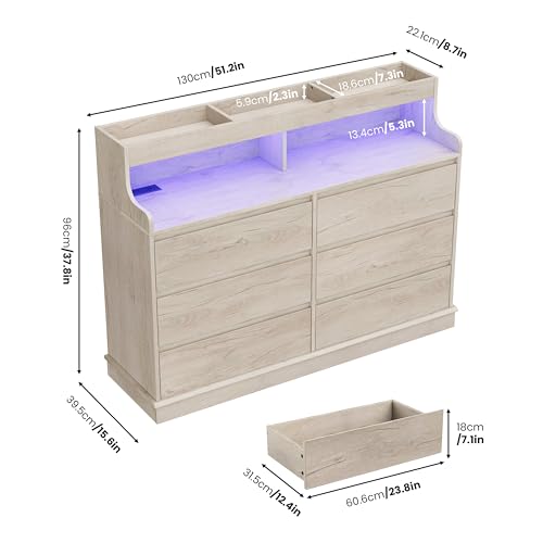 Dresser for Bedroom, 6 Drawer Dresser with LED Lights and Charging Station, Wide Chest of 6 Drawers with Open Space, Modern Large Capacity Storage Cabinet, Living Room, Hallway, Oak