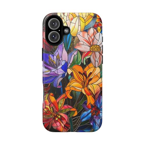 Coque rigide mate iPhone 16 Plus vitrail floral orange antichoc