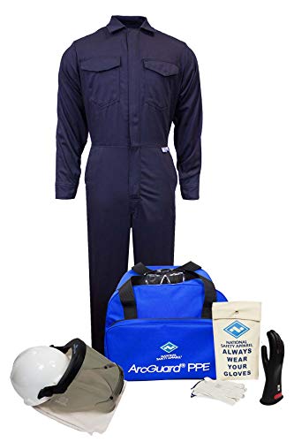 Buy 1 get 1 National Safety Apparel KIT2CV11MD08 ArcGuard CAT 2 Arc Flash Kit with FR Coverall, 12 Calorie, Medium, Size 8 Gloves, Navy