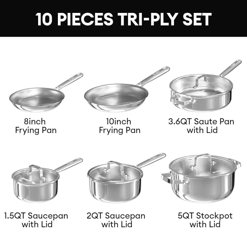 Image of Tri-Ply Stainless Steel Cookware Set, 10pcs Pots and Pans Set Non Toxic
