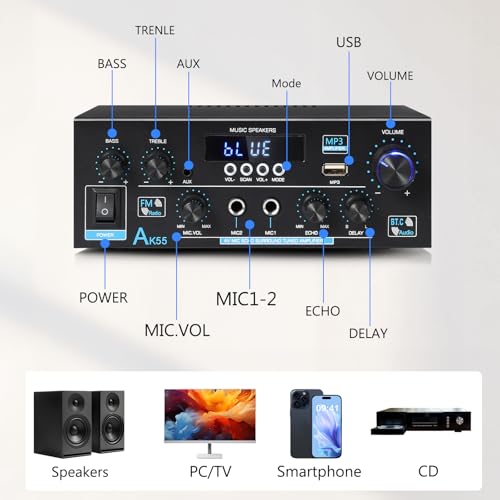 WOOPKER AK55 Amplificador áudio, 2.0 CH Receptor Amplificador áudio estéreo, Bluetooth 5.0 Amplifica