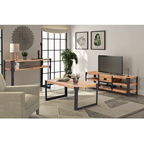 RMIHSJG Ensemble de 3 meubles de salon en bois d'acacia massif avec table TV, table basse et table console aspect brossé et acier pour un style industriel,...