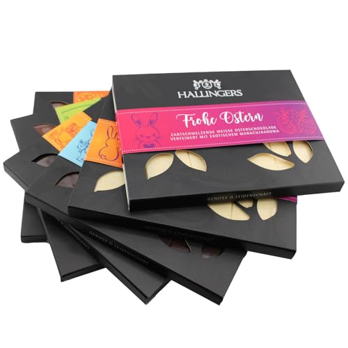 Hallingers Genuss Manufaktur Schokoladen-Mix Oster-Geschenk-Set - Selektion Tafeln aus handgeschöpftem Edelkakao ohne Alkohol im edlen Karton "6 Oster Tafeln", Ostern Körbchen für Frauen Männer