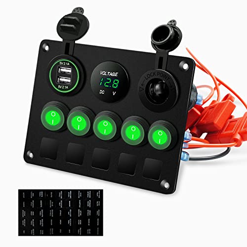 Fxc 5 Gang Rocker Switch Panel With Dual Usb Slot Socket 5V 4.2A + Cigarette Lighter + Voltmeter For Marine Boat Car Rv Vehicles Truck 12-24V Waterproof Blue Led (5B Green) #TOP22