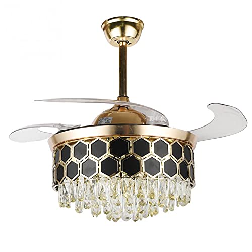 Fandian 42" Modern Crystal Ceiling Fan With Led Lights Remote Control Retractable Chandelier, 3 Color Lighting, Silent Black Gold Luxury Fandelier Fixture For Bedroom Dining/Living Room #TOP1