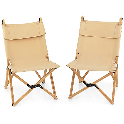 Giantex Set Of 2 Folding Camping Chairs, Portable Beach Chairs With 2-Level Adjustable Backrest, Bamboo Frame Canvas Fabric, Outdoor Ultralight Chairs For Lawn Picnic Fishing, No Assembly (Beige) #TOP3