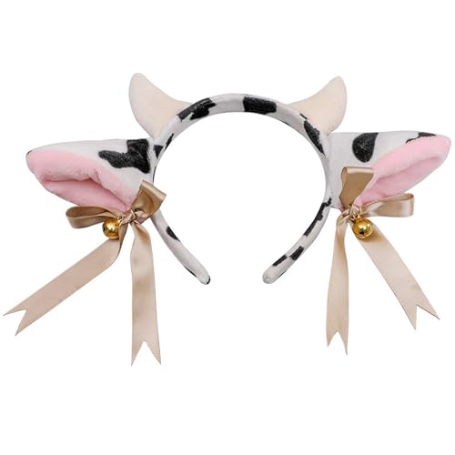 ZCMG Halloween Cow Ears Headband Milk Cow Horns Hair Hoops Bands Headpiece Women Animal Bow Ribbon Bells Hairband Xmas Festival Parade Masquerade Cosplay Dress Up Wedding Birthday Party Accessories