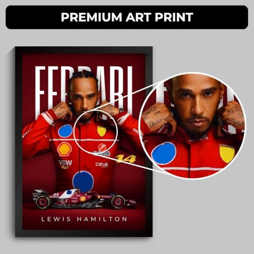 Image of Lewis Hamilton Ferrari Poster | Framed Ferrari F1 Car A4 Sized (31 x 23 cm) | Lewis Hamilton F1 Poster | Ferrari Car Posters for Wall, Gift for Boys, Formula 1 Frames | Formula 1 Frame (F 009)