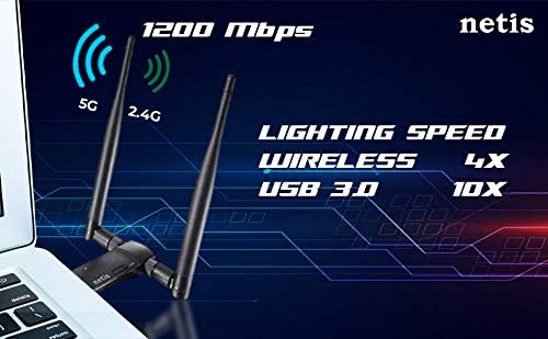Netis WF2190 adapter with antennas attached, next to the USB cradle