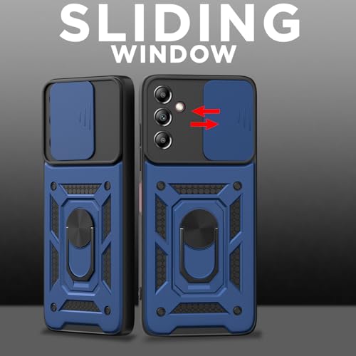 Image of Pikkme Back Cover for Samsung Galaxy A14 4G / A14 5G | 360 Protection Case | Sliding Camera Shield Cover & Ring Holder Stand D10 Tough Armor Bumper Case (Blue)