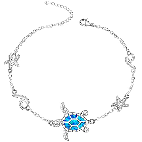Image of Sea Turtle Ankle Bracelets for Women Blue Opal Sterling Silver Beach Starfish Octopus Conch Ocean Anklets Jewelry Gifts