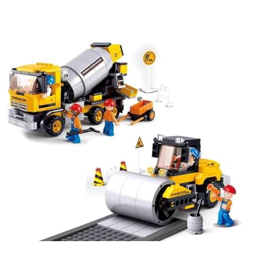 Kit Blocos de Montar Construção com Caminhão Rolo Compressor Betoneira e Bonecos 419 Peças