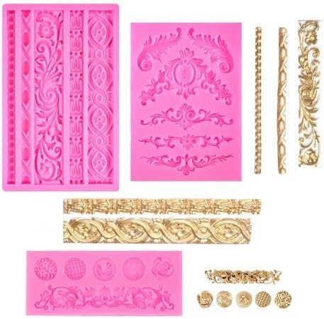 3D Baroque Sculpted Cake Mould, 3PCS Fondant Silicone Mold(Pink)