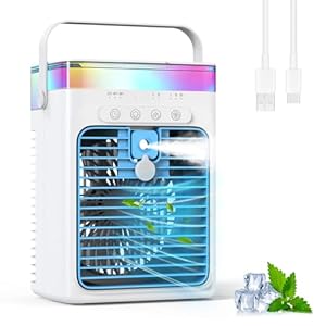 Tragbares Klimagerät, 3-in-1 Verdunstungskühler mit 3 Geschwindigkeiten & 2 Nebelmodi, 1000ml Mini Klimaanlage, USB Ventilator mit RGB Licht & Timer für Schlafzimmer Büro Schreibtisch Auto Camping