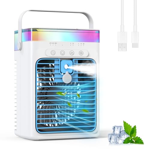 Climatiseur Portable, 3-en-1 Refroidisseur par Évaporation avec 3 Vitesses & 2 Modes Brumisation, 1000ml Mini Climatiseur, Ventilateur USB avec Lumière RGB &...