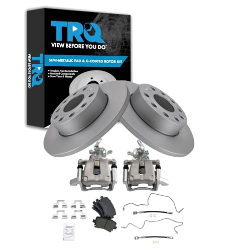 Image of TRQ Rear Brake Pad and Rotor Set Semi Metallic 260mm Coated Rotors Calipers Compatible with 2005 Volkswagen Jetta
