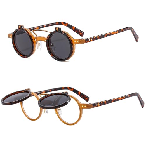Image of HYLLE Retro Flip-Up Round Goggles Seampunk Sunglasses for Men Women 90s Style