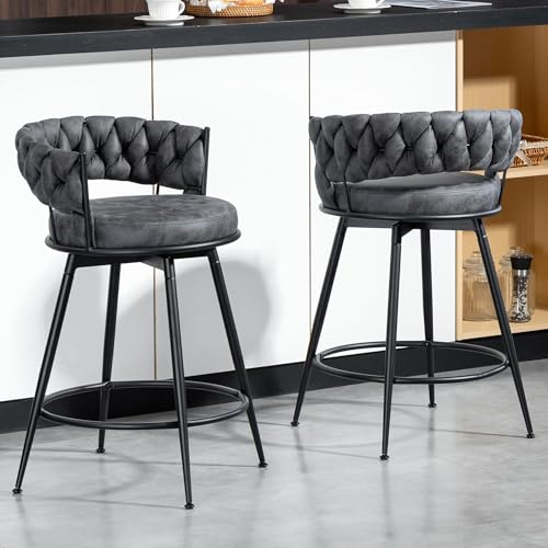 Bar Stools Set of 2, 61cm Counter Height Swivel Stools with Woven Back & Suede Fabric Seat, 360° Swivel Metal Frame Stools with Footrest for Kitchen Island, Cafe, Pub, Bar, Grey