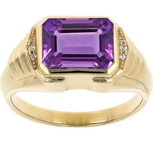 DONGHU Solid 10K 14K 18K Gold Mens Amethyst Engagement Ring 4CT Emerald Cut Lab Created Amethyst Ring for Men Anniversary Promise Wedding Ring Jewelry Gifts for Him Husband Father