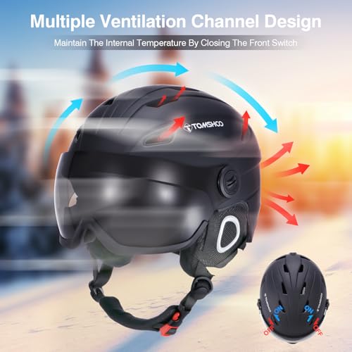 TOMSHOO Skihelm, Snowboard Helm mit Visier & Ohrenschützer, Belüftungsöffnungen, Strapazierfähig, Warm & Atmungsaktiv, Ski Helmet für Herren Damen