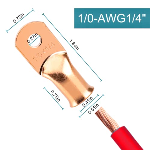 8 PCS Battery Terminal Connectors, Battery Cable Ends Lugs, 1/0 Gauge Wire Connectors, 1/0 AWG 1/4" Stud Ring Terminals, Copper Wire Lugs with Heat Shrink Tubing. by SDZONGES - Image 2