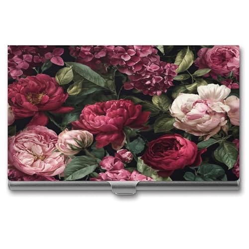 Pink And Red Roses Peonies Business Card Holder, Pocket Slim Portable Metal Business Card Case for Women Men