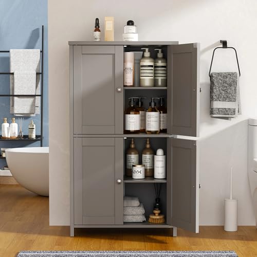Image of Vongrasig Bathroom Storage Cabinet, Small Bathroom Floor Cabinet with 4 Doors and Adjustable Shelves, Freestanding Modern Cabinet for Bathroom, Kitchen, Living Room, Entryway, Grey