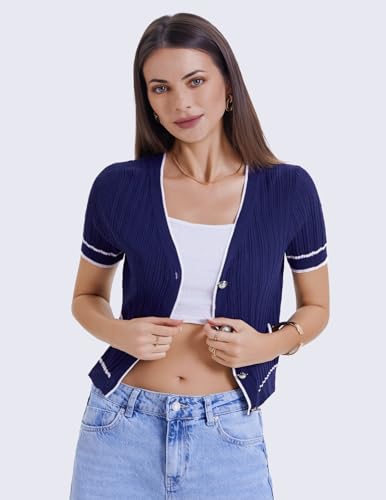 DRESSTELLS Women Cardigan Sweater Summer 2025, V Neck Lightweight Button Down Shirt, Ribbed Cropped Casual Top2