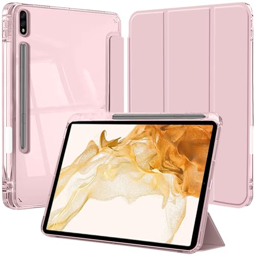 Funda para Samsung Galaxy Tab S8 Plus 2022 / S7 FE 2021 / S7 Plus 2020 12,4 Pulgadas con S Pen Soporte, Slim Clara Transparente Trifold Folio Tableta Carcasa, Auto-Sueño/Estela, Rosa