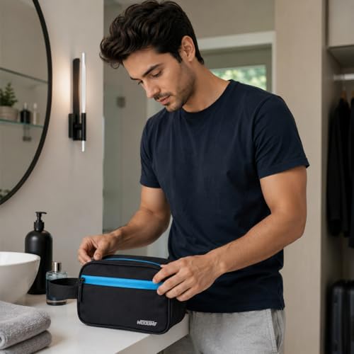 Image of Wooum Travel Toiletry Pouch for Men 1 Year Warranty Shaving Kit Bag Travel Pouch Organizer Medicine Bag Toilet Kit for Travel Small Travel Pouch Bag for Men & Women (Black Tblue)