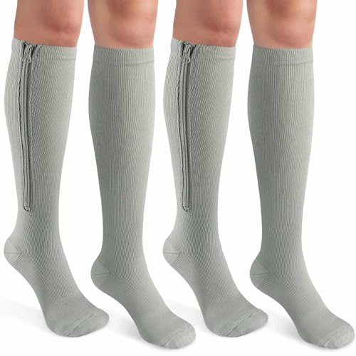Image of CASMON 2 Pairs Zipper Compression Socks for Women & Men,15-20 mmHg Closed Toe Knee High Support Sock for Varicose Vein Edema