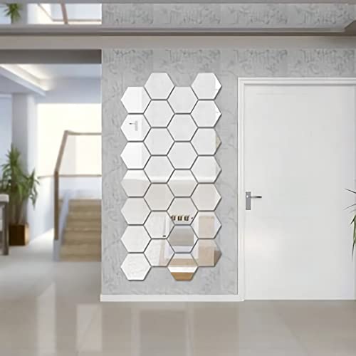 WallDaddy Premium Quality Plastic 3D Hexagonal Wall Mount Mirror Wall Stickers ( Large , Silver, 1 mm, Each Hexagon Size 10.5 cm x 12.1 cm ) – Pack of 20