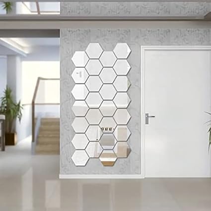 WallDaddy Premium Quality Plastic 3D Hexagonal Wall Mount Mirror Wall Stickers ( Large , Silver, 1 mm, Each Hexagon Size 10.5 cm x 12.1 cm ) - Pack of 20