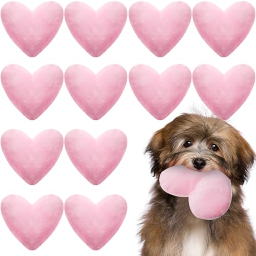 Hollowfly 12 Pieces Valentine Pink Heart Toys for Dog Pink Heart Plush Squeaky Dog Toys for Puppy Valentine Party Decor
