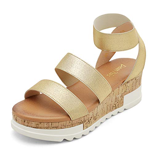 DREAM PAIRS Women's Open Toe Elastic Ankle Strap Casual Flatform Platform Wedges Sandals 5.5 Gold