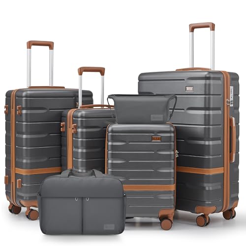 NEISIA Luggage Sets Lightweight Hard Shell Suitcases with Spinner Wheels for Family Travel - Durable PC+ABS Material Carry On Luggage YKK Zippers (Gray, 6 Piece Sets (18/20/24/28/DB/TB))