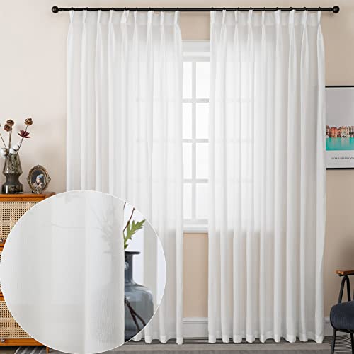 Ftinala Pinch Pleated Curtains Sheer Curtains 96 Inches Long Ivory White Curtains & Drapes For Living Room Textured Semi Sheers Elegant Light Filtering Curtains Wide Sliding Door Curtain Panel #TOP4