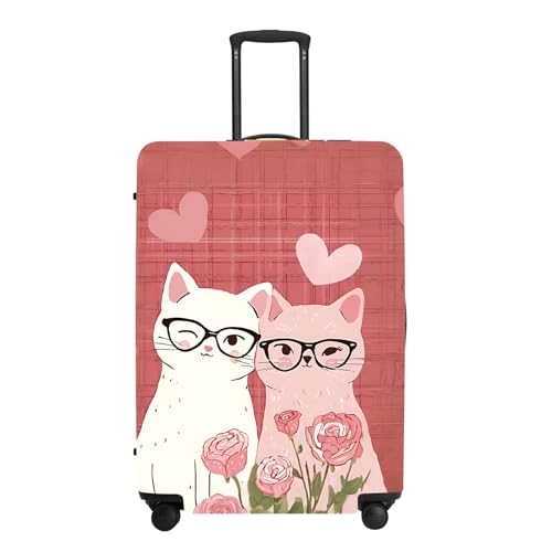 Image of Cat Glasses Romance Luggage Cover, Washable Suitcase Protector with Feline Hearts Flowers Anti-scratch for 18 inch,20 inch,22 inchBag