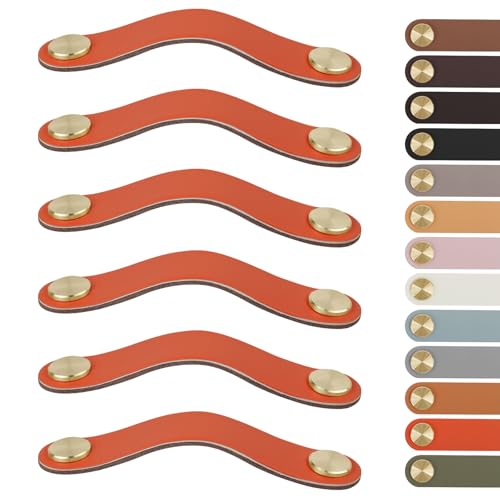 LEREATI 6 Pack Leather Drawer Pulls 6.3 Inch Cabinet Handles with Screws Faux Leather Dresser Knobs for Cabinets, Drawers, Closet, Kitchen and Bathroom Furniture (6.3in Hole Center, Golden + Orange)